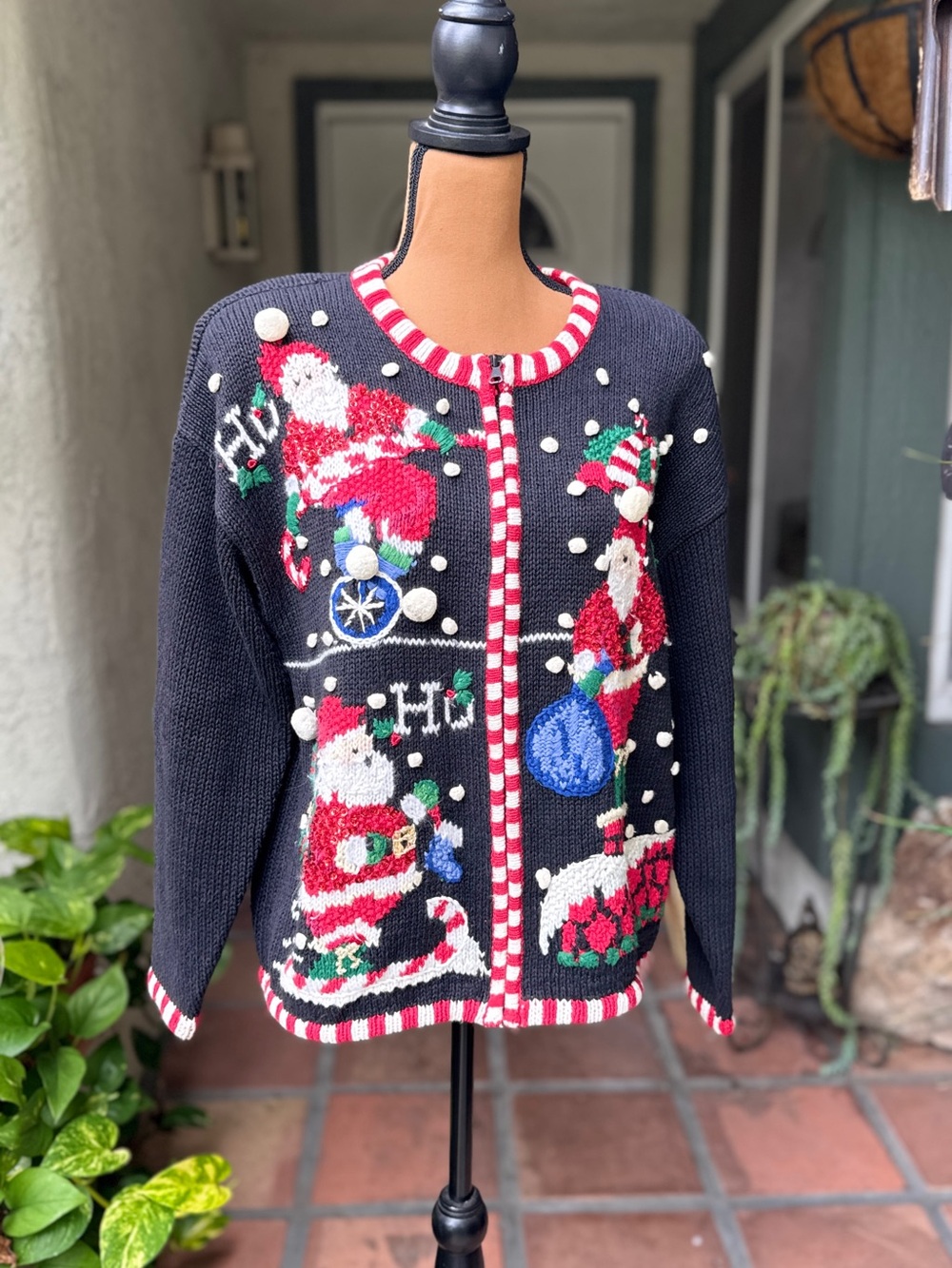 Vtg Black Holiday Santa Cardigan Sweater with Red Trim